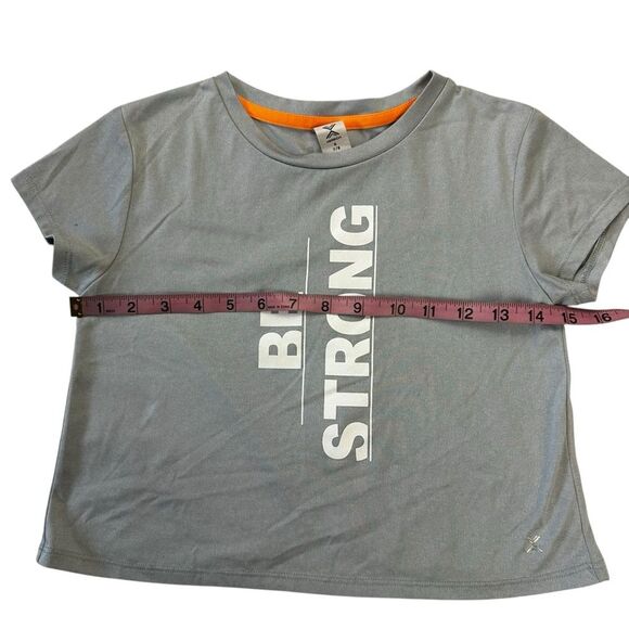 Xersion Girls Sz S 7/8 Short Sleeve Be Strong T-Shirt Blue Split Back Quick Dri - Picture 8 of 9
